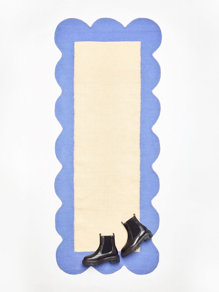Oliver Bonas Blue Cecily Handwoven Scalloped Wool and Cotton Runner - Image 1 of 4