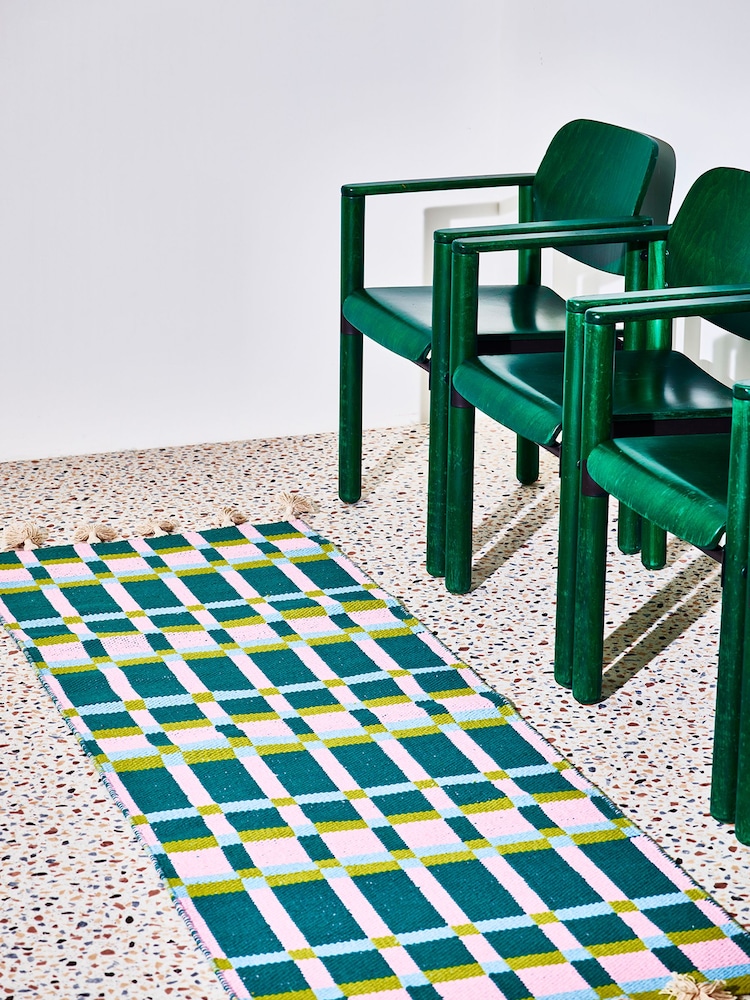 Oliver Bonas Teal Green Inez Handwoven Cotton Geometric Runner Rug - Image 1 of 3