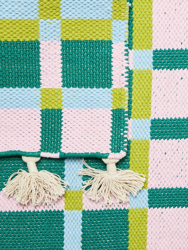 Oliver Bonas Teal Green Inez Handwoven Cotton Geometric Runner Rug - Image 3 of 3