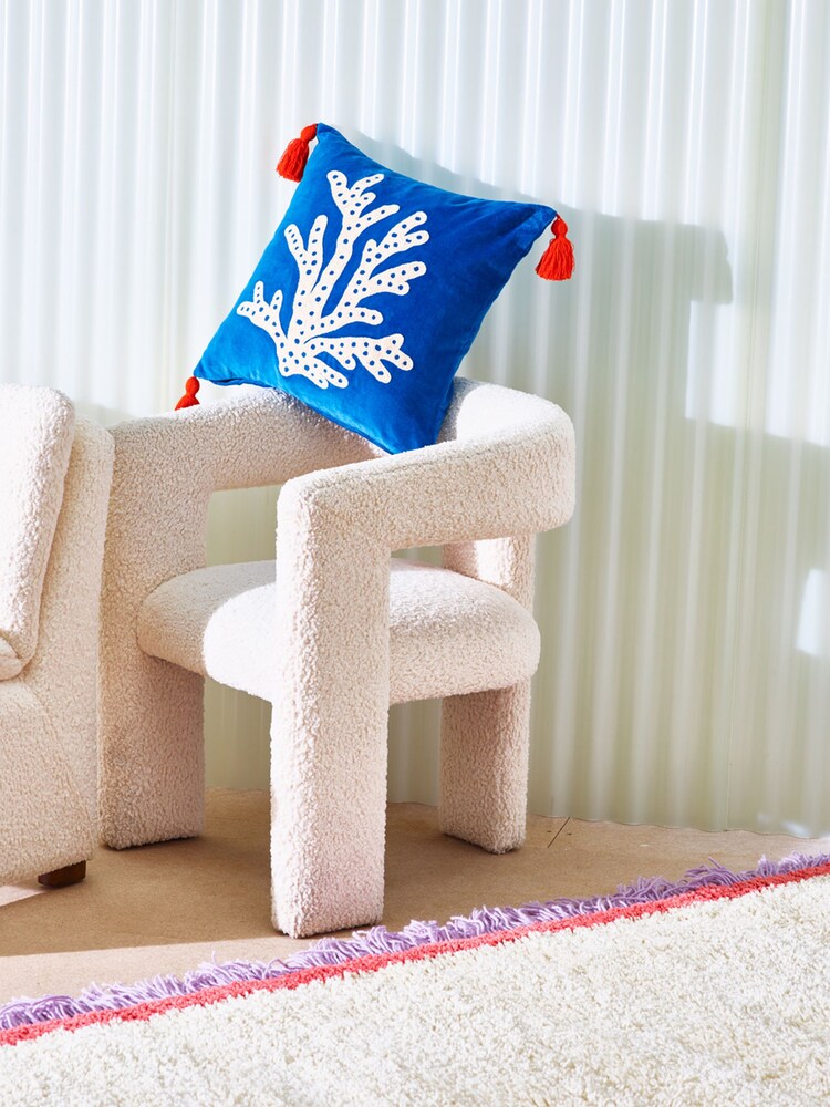 Oliver Bonas Blue 100% Cotton Embroidered Coral Velvet Cushion Cover - Image 1 of 4 Oliver Bonas Blue 100% Cotton Embroidered Coral Velvet Cushion Cover - Image 1 of 4