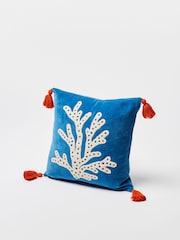 Oliver Bonas Blue 100% Cotton Embroidered Coral Velvet Cushion Cover - Image 2 of 4