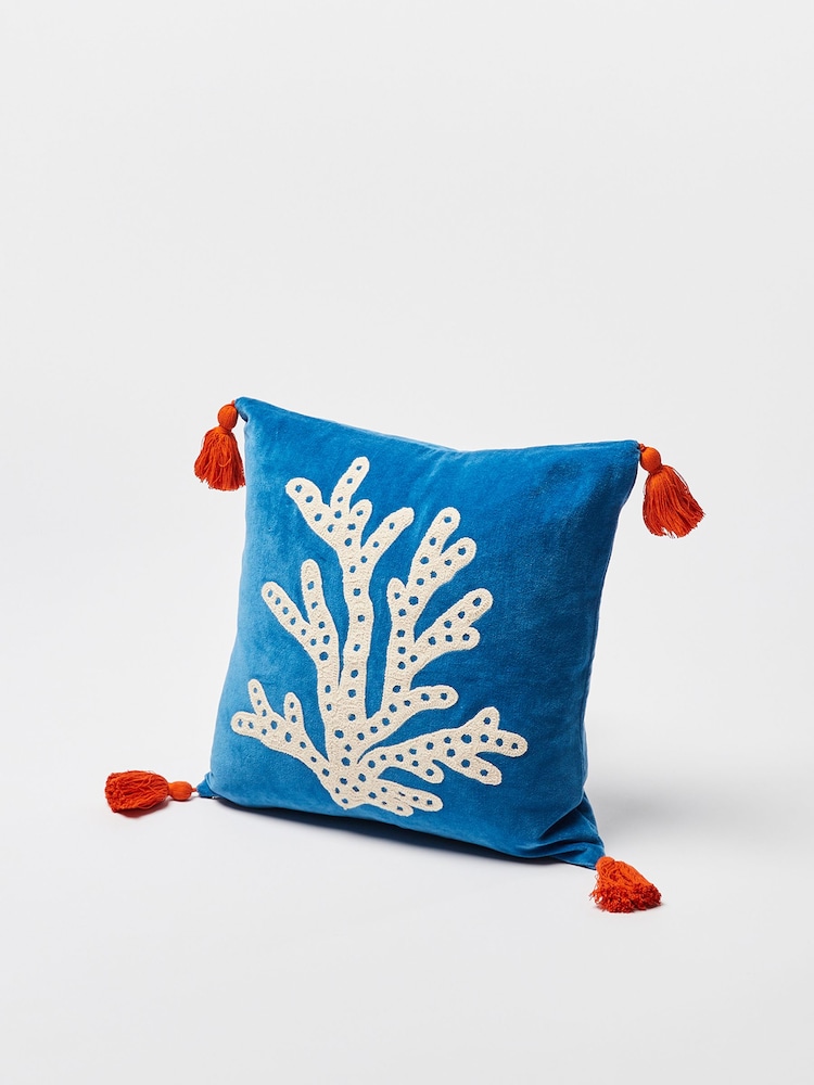 Oliver Bonas Blue 100% Cotton Embroidered Coral Velvet Cushion Cover - Image 2 of 4 Oliver Bonas Blue 100% Cotton Embroidered Coral Velvet Cushion Cover - Image 2 of 4