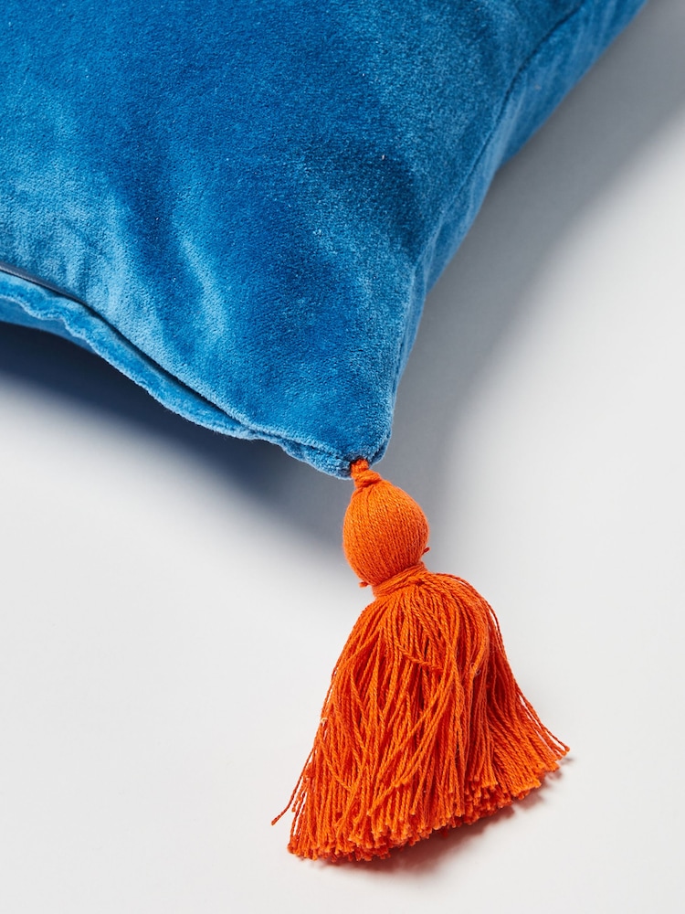 Oliver Bonas Blue 100% Cotton Embroidered Coral Velvet Cushion Cover - Image 4 of 4 Oliver Bonas Blue 100% Cotton Embroidered Coral Velvet Cushion Cover - Image 4 of 4