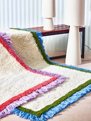 Oliver Bonas White/Blue Danton Fringed Fluffy Rug - Image 1 of 4