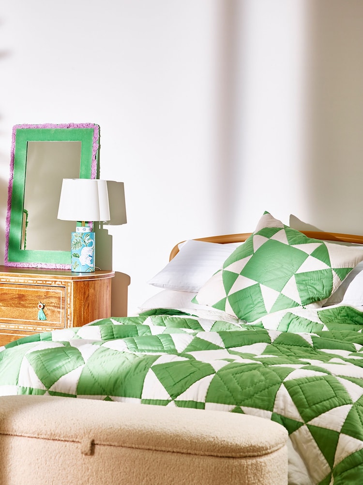 Oliver Bonas Green Kaira 100% Cotton Patchwork Bedspread - Image 1 of 4