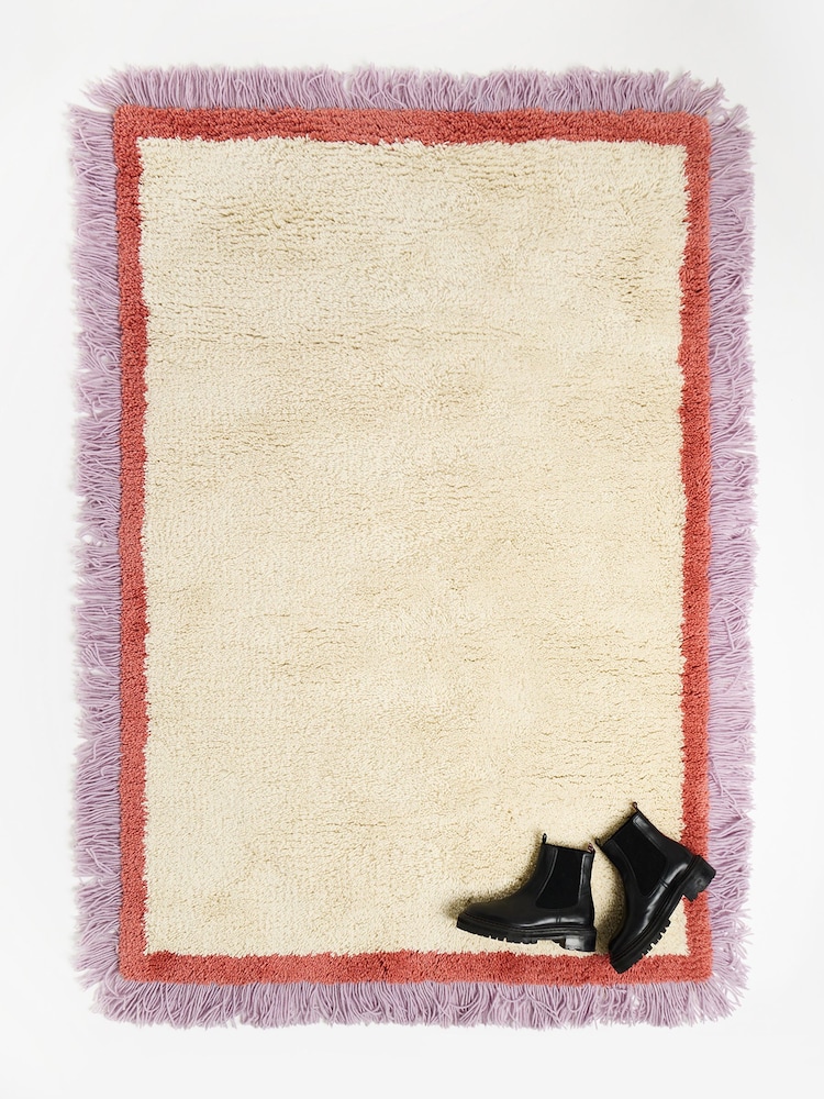 Oliver Bonas White/Purple Danton Fringed Fluffy Rug - Image 1 of 4