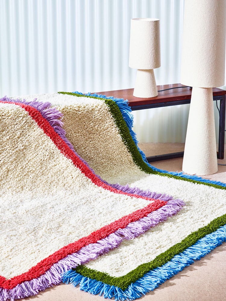 Oliver Bonas White/Purple Danton Fringed Fluffy Rug - Image 4 of 4