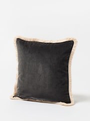 Oliver Bonas Charcoal/Black 100% Cotton Issey Velvet Fringed Cushion Cover - Image 1 of 3