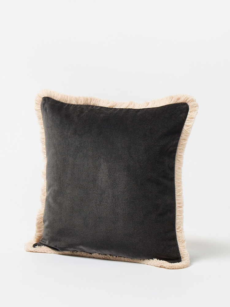 Oliver Bonas Charcoal/Black 100% Cotton Issey Velvet Fringed Cushion Cover - Image 1 of 3
