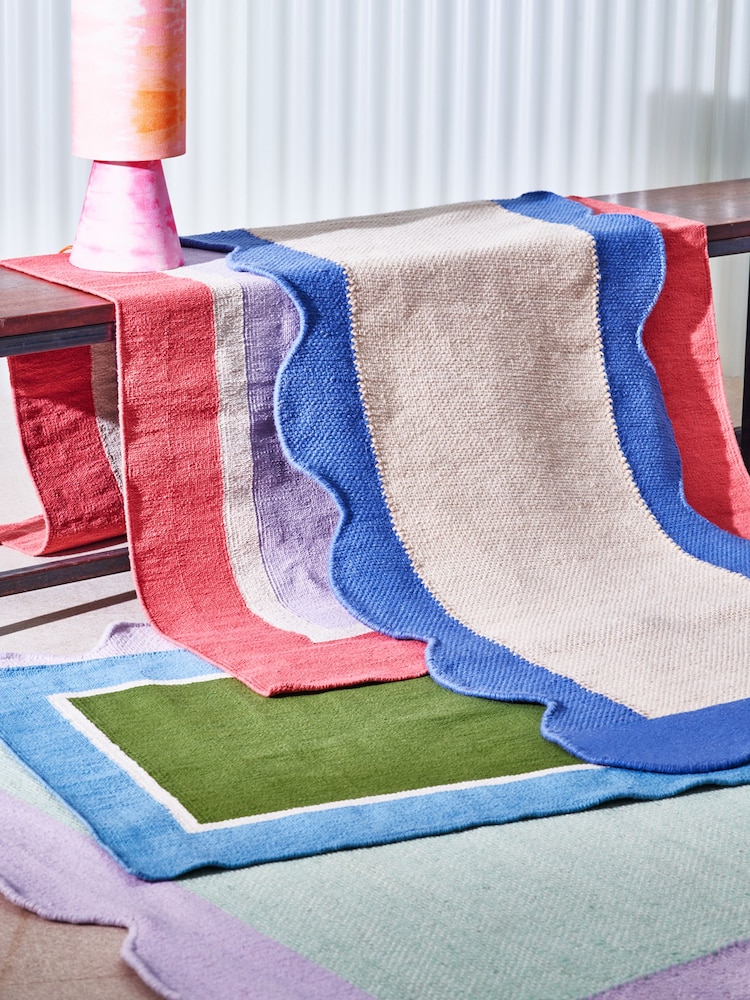 Oliver Bonas Navy Blue/Green Elio Bordered Handwoven 100% Cotton Runner Rug - Image 1 of 4
