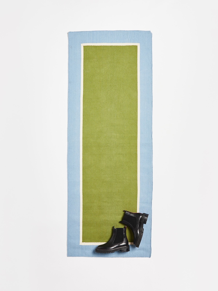 Oliver Bonas Navy Blue/Green Elio Bordered Handwoven 100% Cotton Runner Rug - Image 2 of 4
