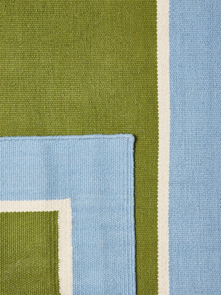 Oliver Bonas Navy Blue/Green Elio Bordered Handwoven 100% Cotton Runner Rug - Image 4 of 4