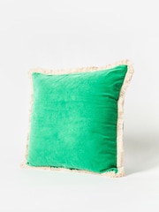 Oliver Bonas Jade Green 100% Cotton Issey Velvet Fringed Cushion Cover - Image 1 of 4
