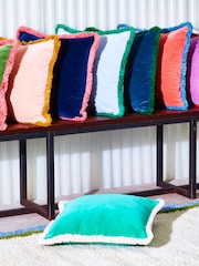 Oliver Bonas Jade Green 100% Cotton Issey Velvet Fringed Cushion Cover - Image 2 of 4