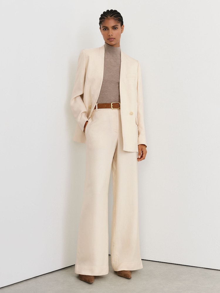 Reiss Cream Juniper Petite Jacquard-Stripe Wide-Leg Trousers - Image 1 of 8 Reiss Cream Juniper Petite Jacquard-Stripe Wide-Leg Trousers - Image 1 of 8