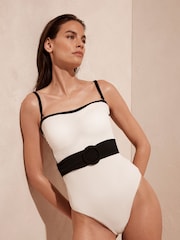 Mint Velvet Cream Textured Belted Tummy Control Swimsuit - Image 4 of 7