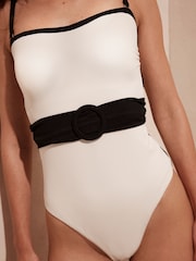 Mint Velvet Cream Textured Belted Tummy Control Swimsuit - Image 5 of 7