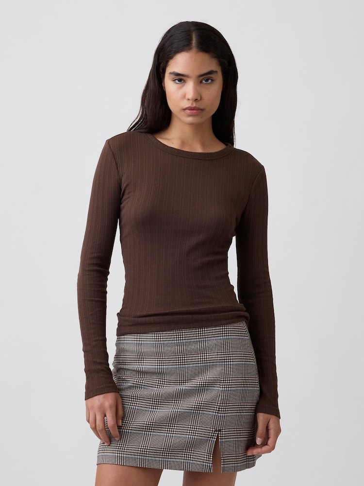 Braun - Gap Essential Ribbed Pointelle Long Sleeve T-Shirt - Bild 1 von 5