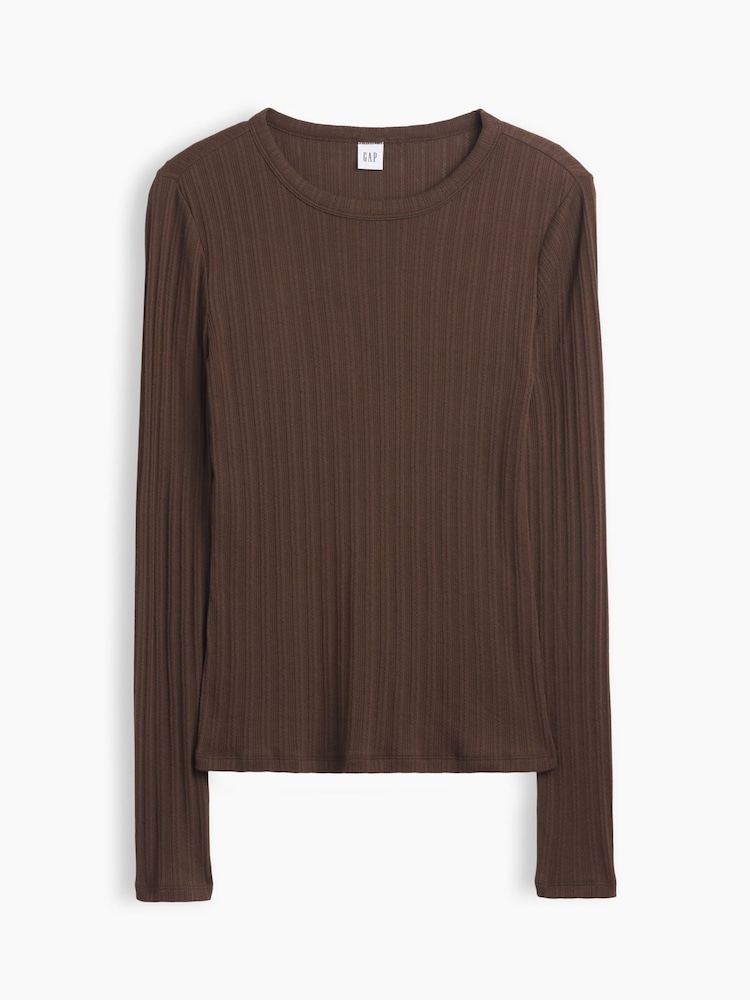 Braun - Gap Essential Ribbed Pointelle Long Sleeve T-Shirt - Bild 5 von 5