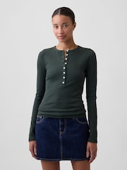 Gap Forest Green Ribbed Henley Long Sleeve T-Shirt - Image 1 of 5