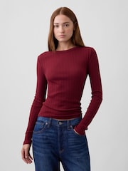 Burgunderrot - Gap Essential Ribbed Pointelle Long Sleeve T-Shirt - Bild 1 von 5