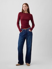 Burgunderrot - Gap Essential Ribbed Pointelle Long Sleeve T-Shirt - Bild 3 von 5