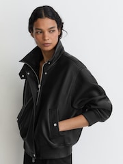Reiss Black Cara Leather Funnel-Neck Bomber Jacket - Image 1 of 8