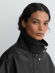 Reiss Black Cara Leather Funnel-Neck Bomber Jacket - Image 4 of 8