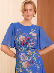 V&A | Love & Roses Blue Petite Placement Print Flutter Sleeve Midi Dress - Image 3 of 4