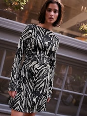 Black and White Mono Zebra Print Long Sleeves Ruched Mini Dress - Image 1 of 7
