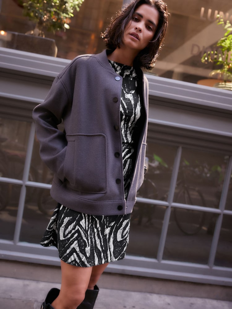Black and White Mono Zebra Print Long Sleeves Ruched Mini Dress - Image 2 of 7