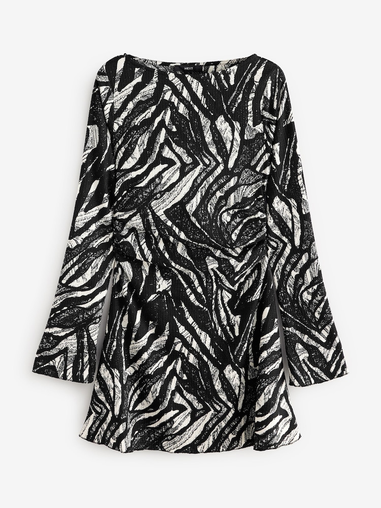 Buy Black and White Mono Zebra Print Long Sleeves Ruched Mini