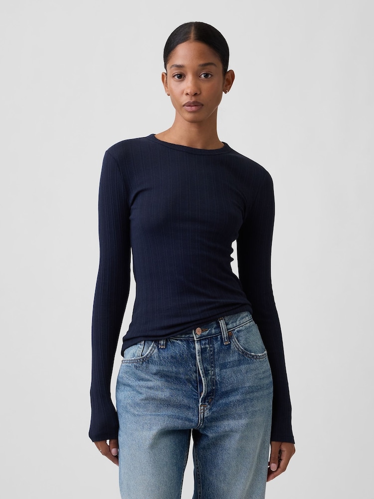 Marine - Gap Essential Ribbed Pointelle Long Sleeve T-Shirt - Bild 1 von 5