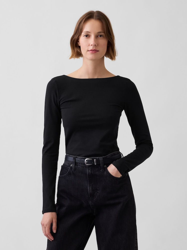 Melns - Gap CloseKnit džersijas T-krekls ar izliektu mugurpusi - Attēls 1 no 4