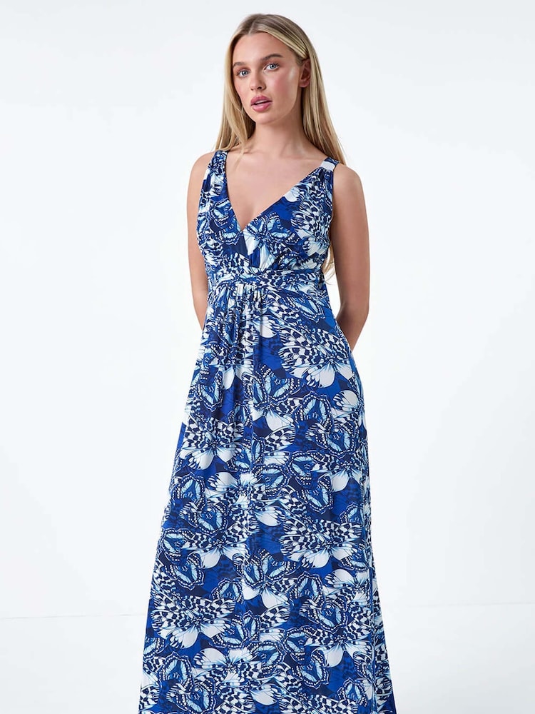 Roman Blue Butterfly Print Stretch Maxi Dress - Image 1 of 5