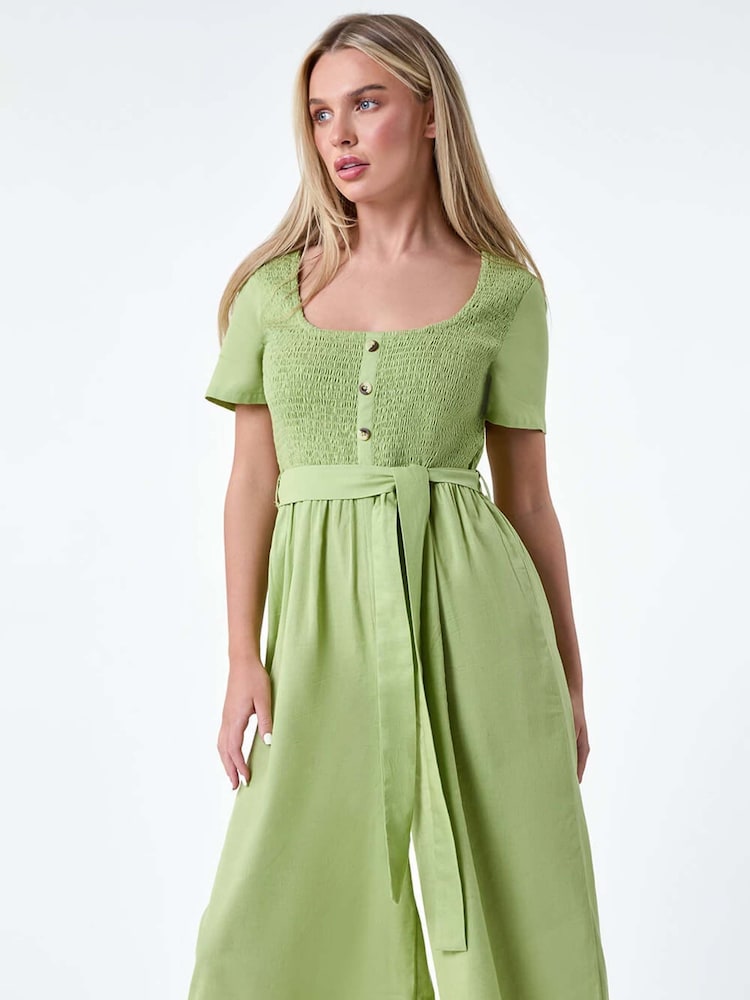 Roman Green Shirred Button Detail Culotte 100% Cotton Jumpsuit - Image 1 of 5