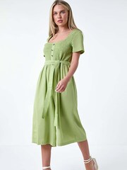 Roman Green Shirred Button Detail Culotte 100% Cotton Jumpsuit - Image 2 of 5