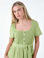 Roman Green Shirred Button Detail Culotte 100% Cotton Jumpsuit - Image 4 of 5