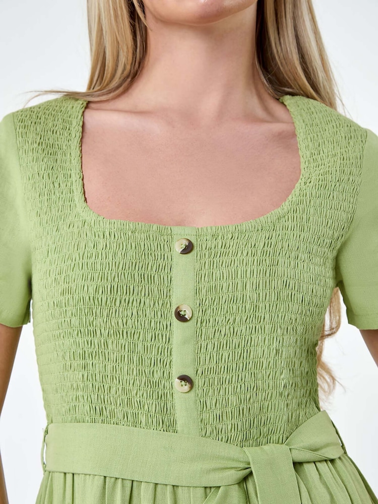 Roman Green Shirred Button Detail Culotte 100% Cotton Jumpsuit - Image 5 of 5