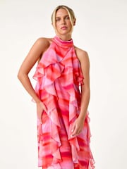 Roman Orange Abstract Halter Neck Ruffle Dress - Image 1 of 5