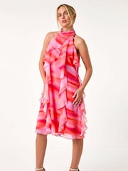 Roman Orange Abstract Halter Neck Ruffle Dress - Image 2 of 5