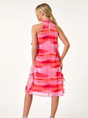 Roman Orange Abstract Halter Neck Ruffle Dress - Image 3 of 5