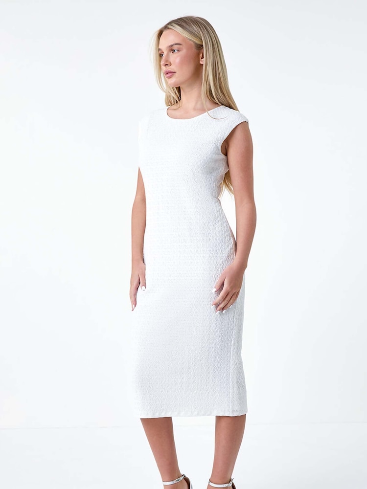 Roman White Textured Crochet Midi Dress - Image 1 of 5