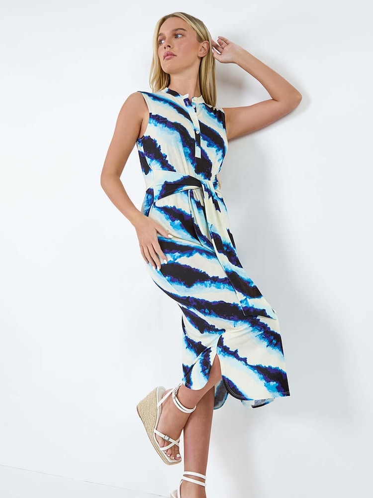 Roman Blue Tie Detail Printed Stretch Dress - Image 1 of 1