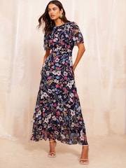 Friends Like These Navy Blue Short Sleeve Chiffon Tiered Midi Dress - Image 1 of 4