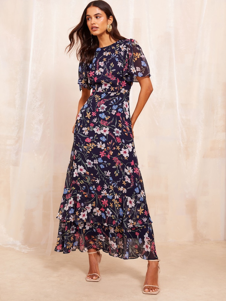Friends Like These Navy Blue Short Sleeve Chiffon Tiered Midi Dress - Image 1 of 4 Friends Like These Navy Blue Short Sleeve Chiffon Tiered Midi Dress - Image 1 of 4