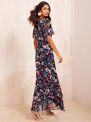 Friends Like These Navy Blue Short Sleeve Chiffon Tiered Midi Dress - Image 4 of 4