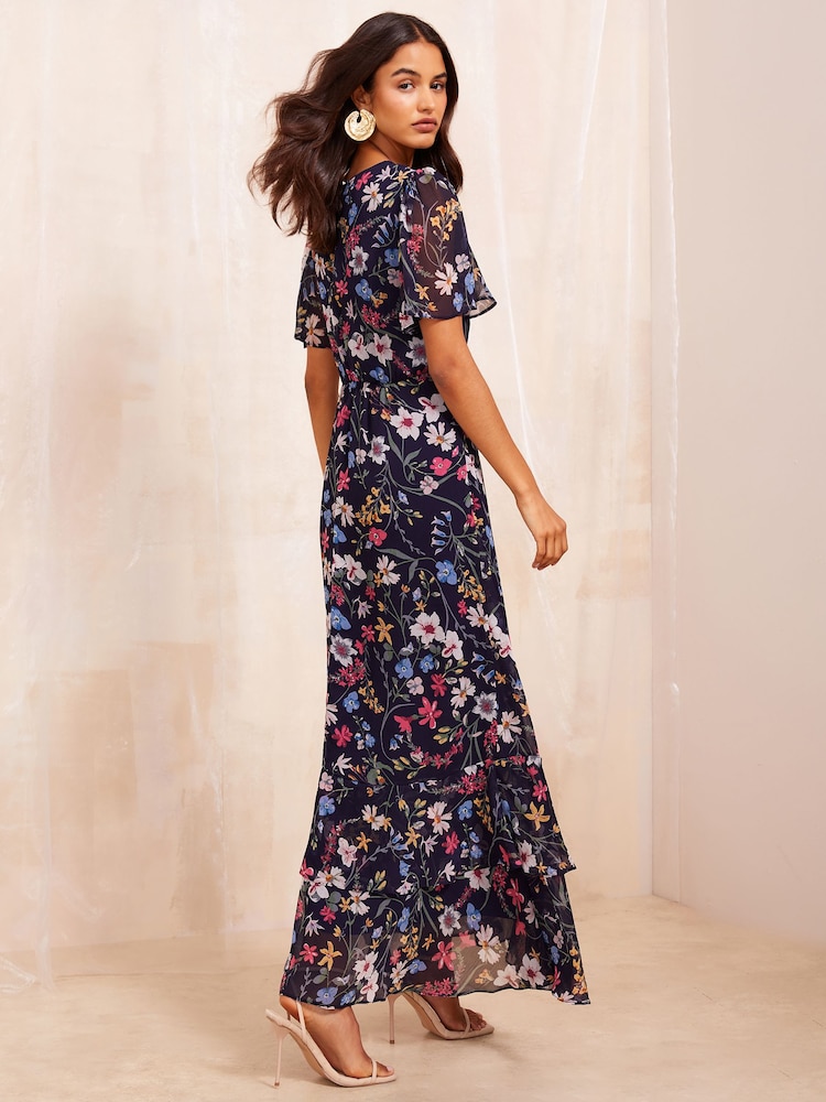 Friends Like These Navy Blue Short Sleeve Chiffon Tiered Midi Dress - Image 4 of 4 Friends Like These Navy Blue Short Sleeve Chiffon Tiered Midi Dress - Image 4 of 4