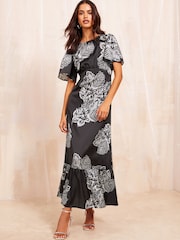 Friends Like These Black Floral Flutter Sleeve Printed Satin Midi Summer Dress - Image 1 of 3