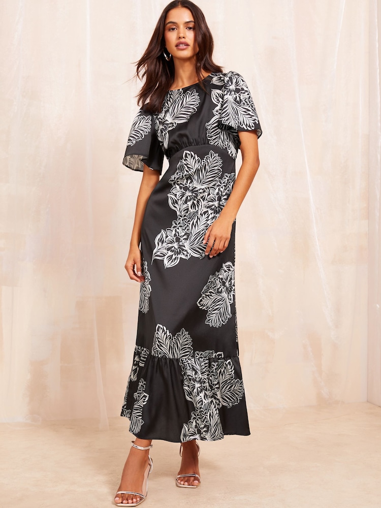 Friends Like These Black Floral Flutter Sleeve Printed Satin Midi Summer Dress - Image 1 of 3